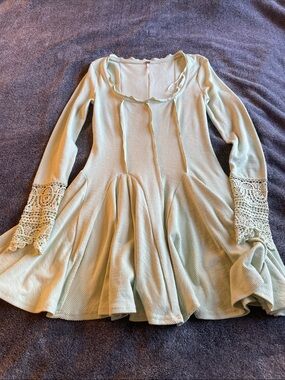 Free People Sage Green Ribbed Swing Dress with Crochet Bell Sleeves